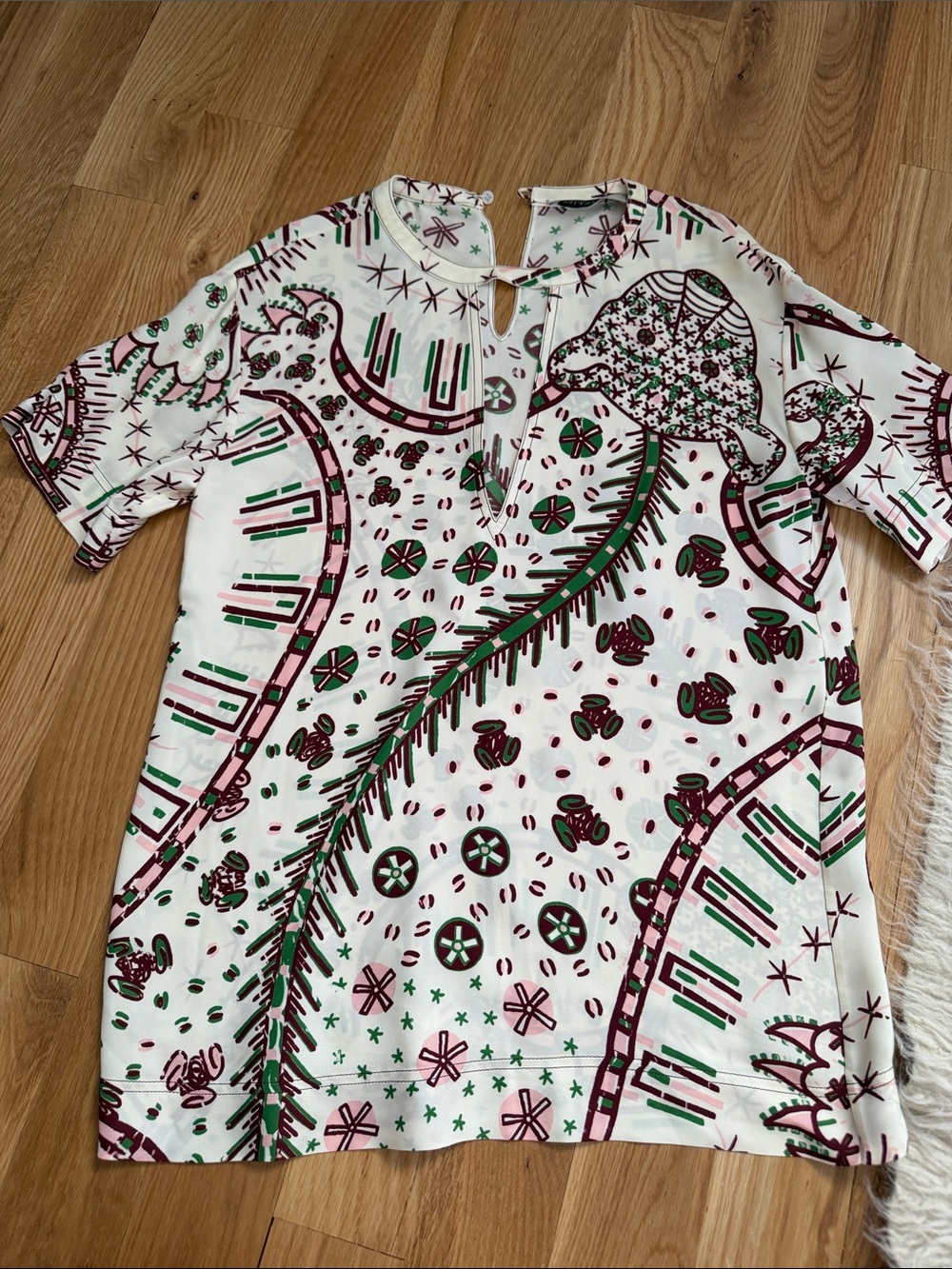 Valentino Printed Short-Sleeve Top - White with Pink & Green Pattern
